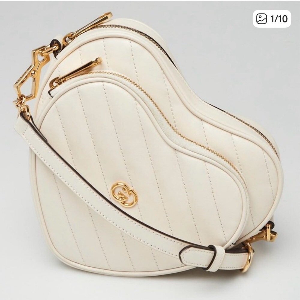 Gucci Ivory Quilted Leather 
Mini Heart Crossbody Bag new authentic